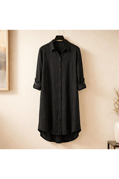 NN BUTİK Kadın keten uzun kol kapüşonlu düğmeli yırtmaçlı Tunik