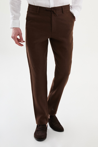 Mcr Чоловічі штани прямого крою з еластичним поясом на шнурку, 100% льон, кав...