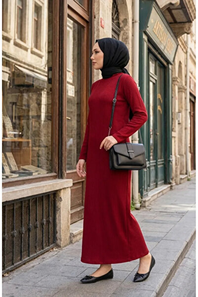 sefamerve High Neck Collar Corded Fabric Hijab Dress 2188-03 Claret Red