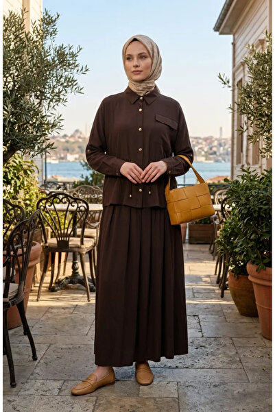 sefamerve Costum cu nasturi șnur în talie piese 0247-02 Maro