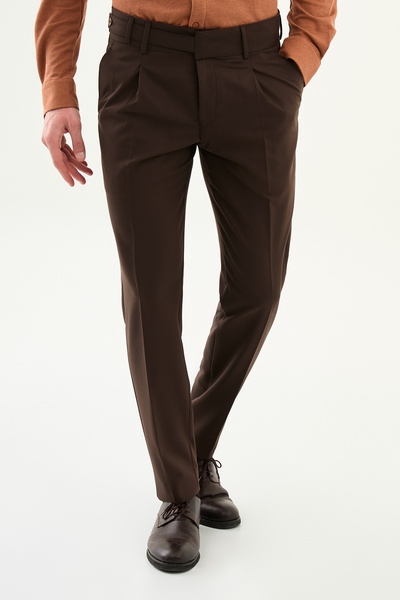 Mcr بنطلون رجالي مستقيم قصة ضيقة بثنيات بأزرار جانبية بني - 38350.26Y