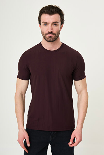 Mcr Striped Slim Fit Crew Neck Men's T-Shirt Claret Red - 36878.26Y