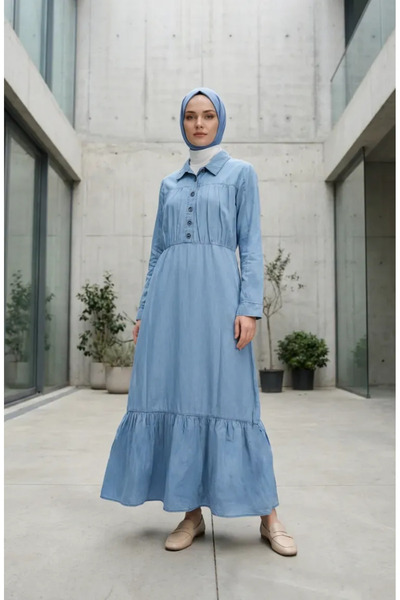 sefamerve Half-Buttoned Pocketed denim dress 300126-02 light blue