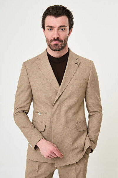 Mcr Gray Slim Fit Mono Collar Hidden Button Pleated Pants Men's Suit Mink - 4...