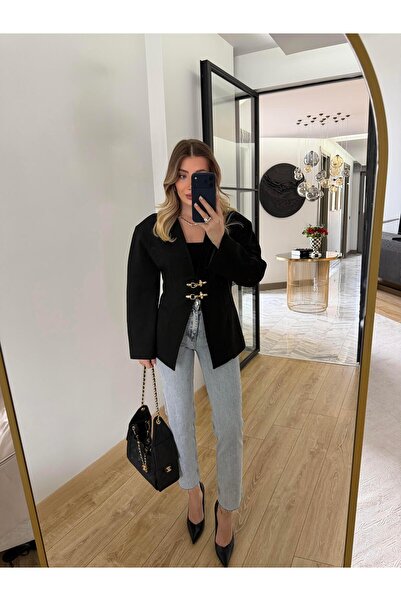 CKBUTİK Siyah Yakasız Blazer Ceket-9726