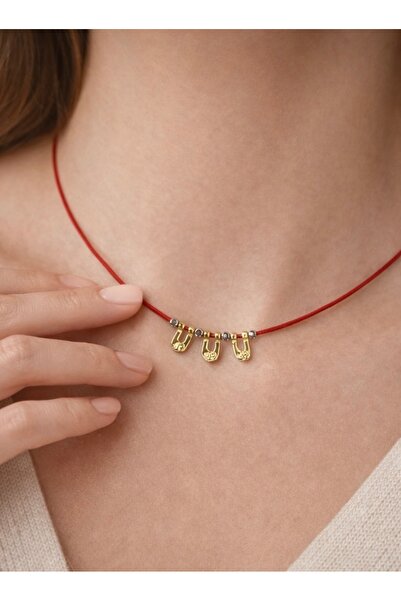 Black Beads Accessory Kırmızı İpli Gold Hamsa Kolye