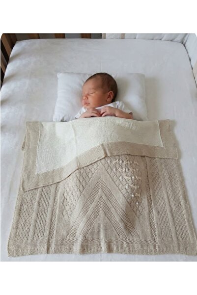 Manora Lüks Örgü Bebek Battaniyesi -Patik Hediyeli- Fiyonk ve İnci Detaylı - ...