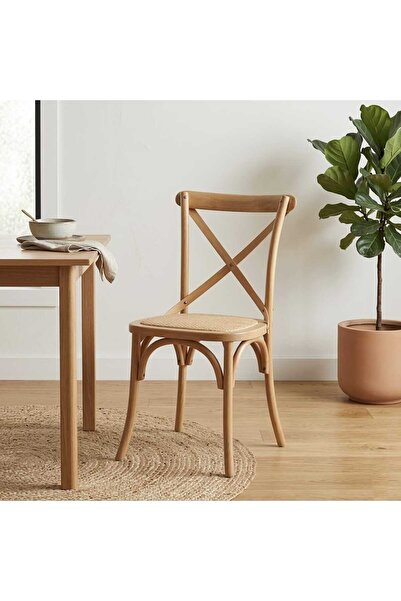 Arnohome كرسي طعام خشبي كلاسيكي بظهر متقاطع ومقعد روطان مجدول