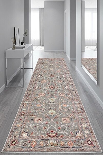 VOPTEKS Gri Renkli Halı Yolluk Makinede Yıkanabilir Halı Kaymaz Taban Halı