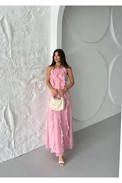 Butikcadde Maxi Size Ruffle Detail Chiffon Dress