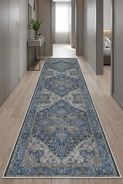 VOPTEKS Lacivert Halı Yolluk Makinede Yıkanabilir Halı Kaymaz Taban Halı