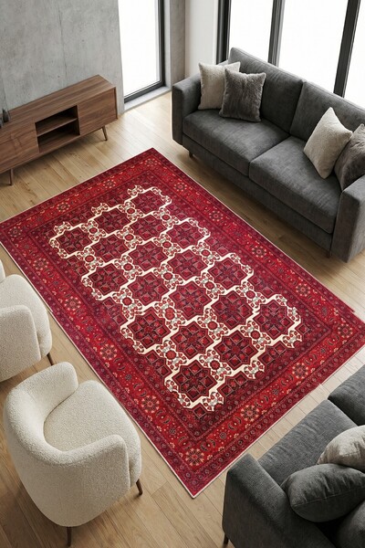 VOPTEKS Kırmızı Halı Salon Halısı Makinede Yıkanabilir Halı Kaymaz Taban Halı