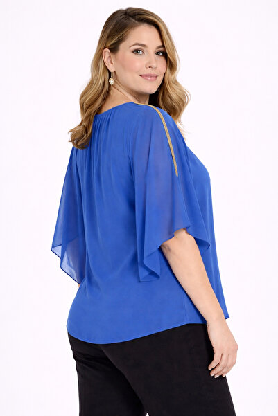 Şans Women's Plus Size Cobalt , Chiffon Yarasakol, Shoulder Stone Striped Det...