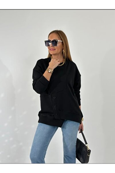 DISHI FASHİON Asymmetric Black Sweatshirt with Buttons on the Front