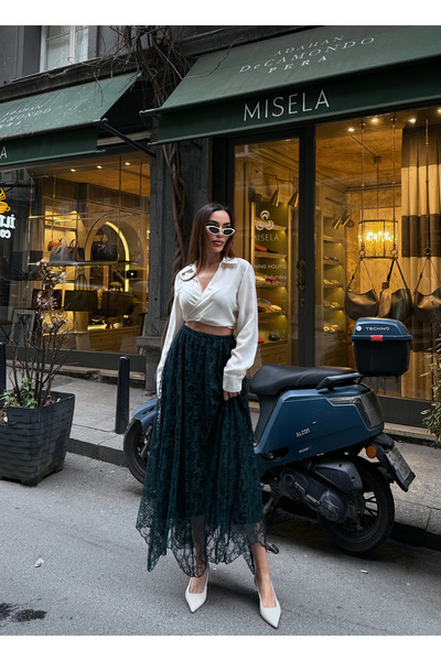 LB Laluna Butik Women's Elastic Waist Long Floral Flock Lace Skirt