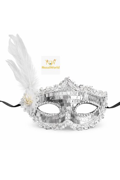 NW NessiWorld Silver Feathered Sequined Luxury Stone Party Mask
