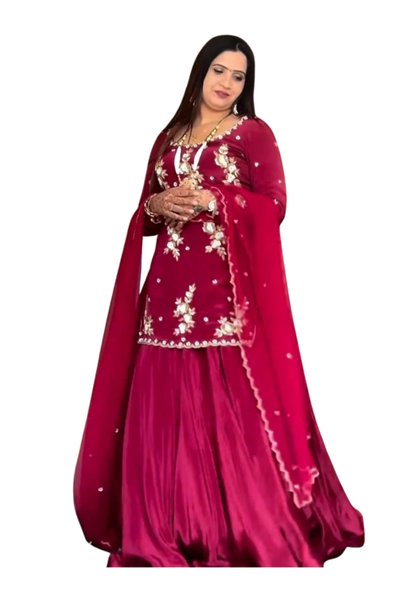 MYSMAR Pink Crepe Silk Top Pent & Dupatta - HRT4774 - Pink