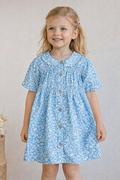 ZezeKids Blue Girl's Peter Pan collar Holiday Woven Dress El00001