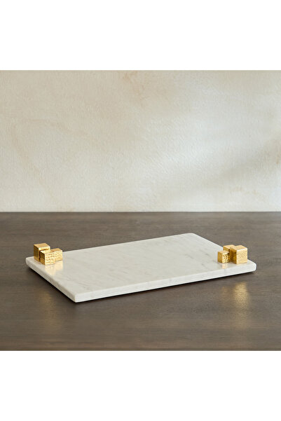 Home Box صينية زخرفية من الرخام الطبيعي من بليك مادلين بمقبض معدني - 34 × 22 سم