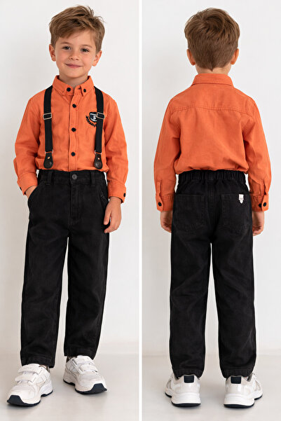 Bulut Anne ve Çocuk Orange Shirt and Suspender Pants Boys' Top and Bottom Set