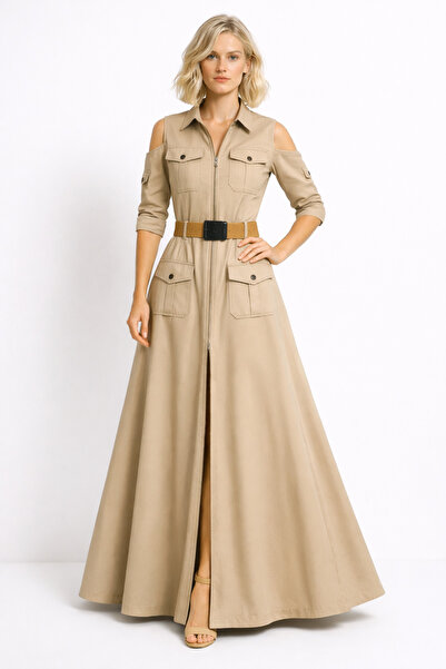 UNTIMELY Decorative Pocket Detail & Zippered Camel Maxi Design Dress