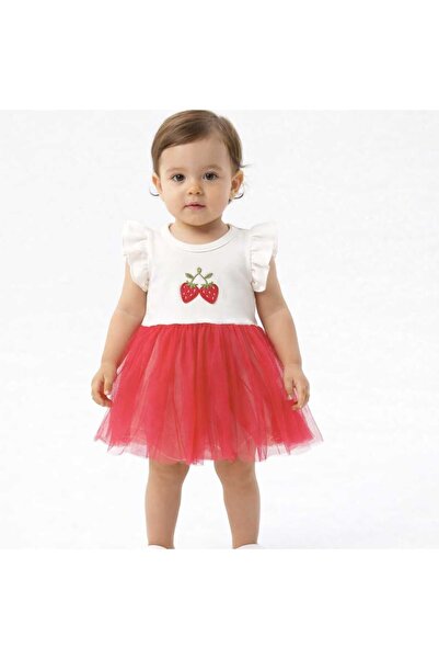 Necix's Baby Girl Strawberry Embroidered Tulle Piece Dress – Ruffled Shoulder...