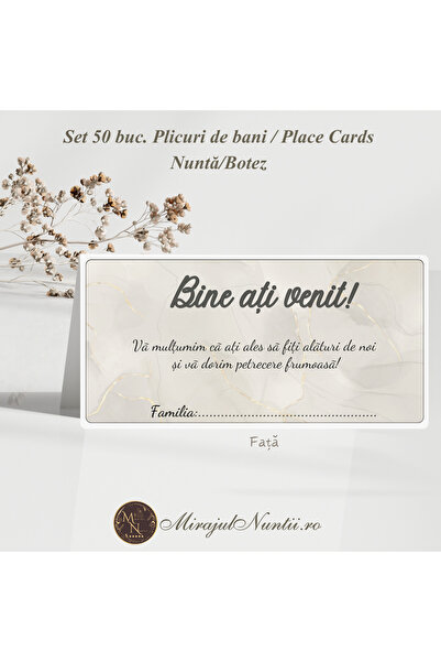 Proprie Set 50 buc Plicuri Bani Nuntă/Botez Model Marmură Alb-Auriu Place Car...