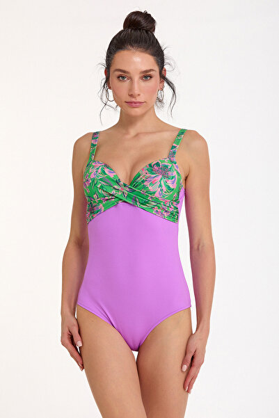 Argento Γυναικείο Μαγιό Λιλά Με φλοράλ μοτίβο ντραπέ με Με δέσιμο κάλυψη στην...