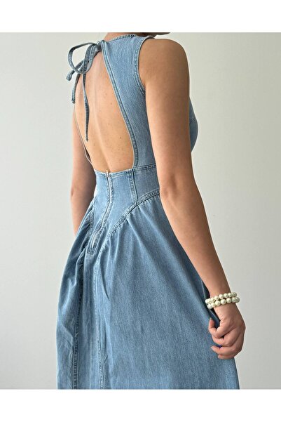 LOKADI Women's Blue Backless Maxi Dress with Tie Detail