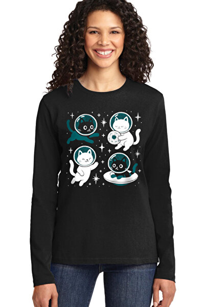 ROCKANDROLL Astro Cats Black Crew Neck Long Sleeve Combed Cotton Women's T-Shirt