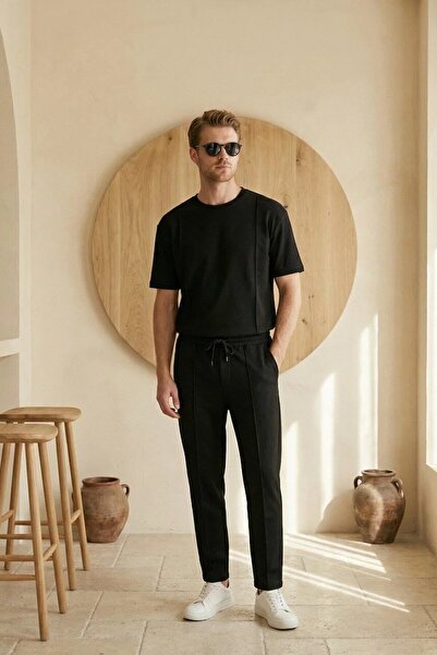 MADZEYMODA Ανδρικό καλοκαιρινό μαύρο κανονικό σετ αθλητικής φόρμας με μπλουζά...