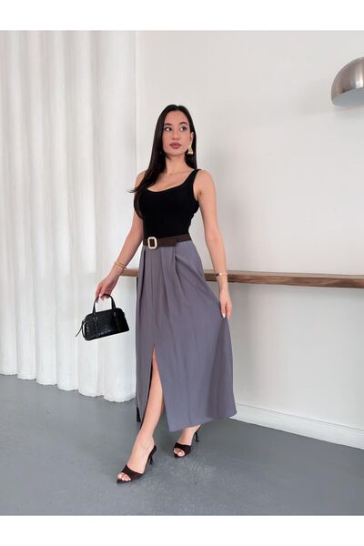 IŞILDA FASHION Belt slit detail midi skirt