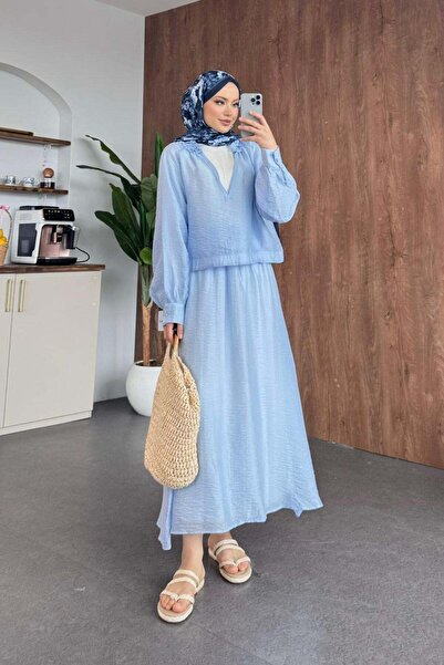 Hazamoda Tencel Skirt Suit Blue