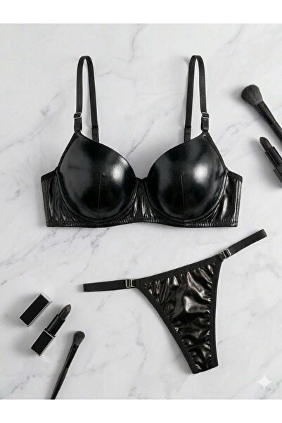 MEOW مجموعة ملابس داخلية لامعة مظهر جلدي