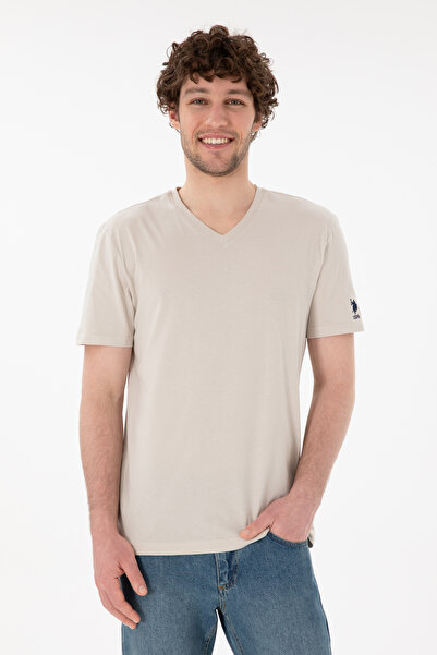 U.S. Polo Assn. Tricou Bărbați Bej Cu Decolteu În V Și Logo Brodat Pe Mânecă