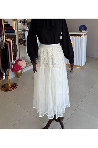 Robin Taş Detaylı Astarlı Tütü Etek - Ekru