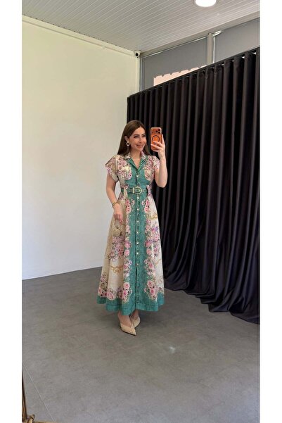 elif teke فستان أخضر وردي مزين بالزهور باللون الأخضر