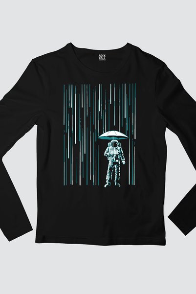 ROCKANDROLL Space Rain Black Crew Neck Long Sleeve Combed Cotton Women's T-Shirt