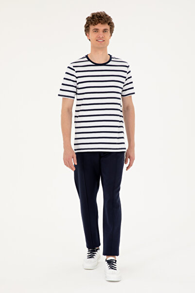 U.S. Polo Assn. Tricou Bărbați Pe Alb Cu Dungi Bleumarin Cu Guler Rotund