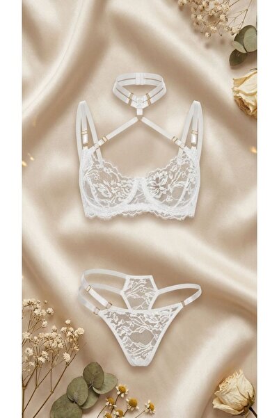 MEOW طقم ملابس داخلية مكون من شفاف قطع مع تفاصيل رباط الرقبة (يمكن إزالة رباط...