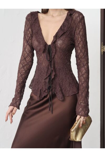 nutika Shawl Collar Tie-Detail Lace Blouse