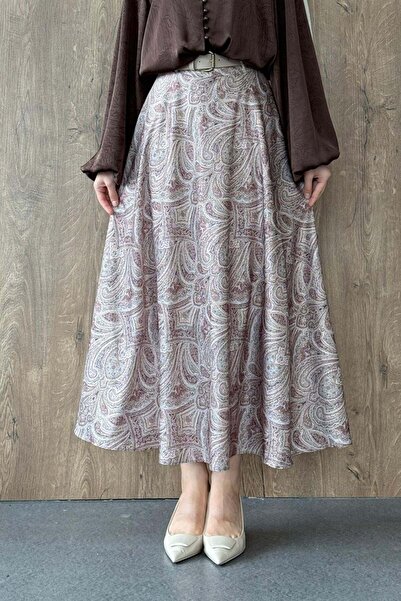 Hazamoda Ebruli Pattern Satin Skirt Copper