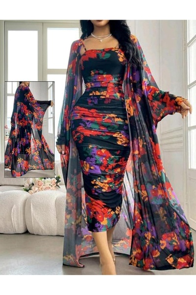RAHAF TİCARET Rochie elegantă din 2 piese cu imprimeu floral colorat
