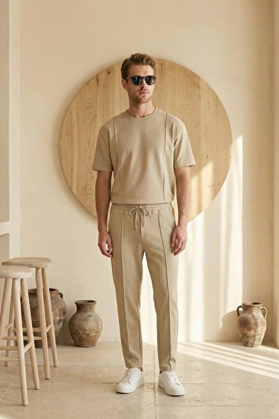 MADZEYMODA Ανδρικό καλοκαιρινό μπεζ κανονικό σετ αθλητικής φόρμας με μπλουζάκ...