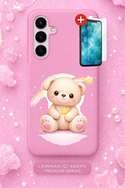 Rulet Aksesuar غطاء هاتف جالاكسي إس25 بلس مخمل بسطح داخلي وردي منقوش + شاشة ز...