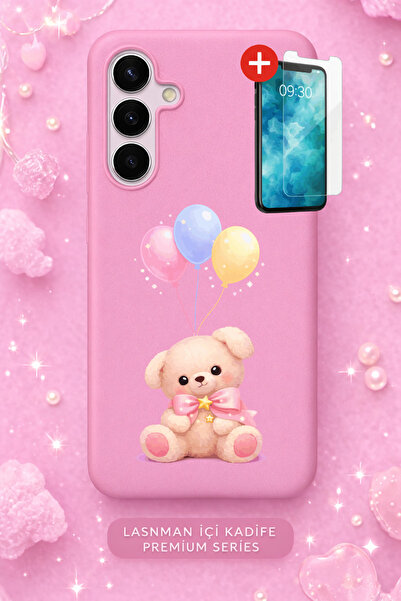 Rulet Aksesuar حافظة هاتف جالاكسي S23 بلس مخمل ذات سطح داخلي وردي منقوش + شاش...