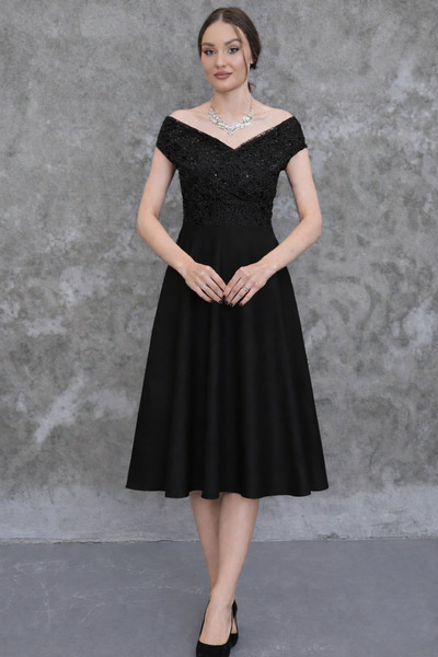 MAG FASHİON Lace Li Large Size Dress Boat Neck Off Shoulder Woven Drapey Fabr...