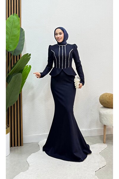 modadeywearst Special Design Stone Embellished Peplum Hijab Evening Dress