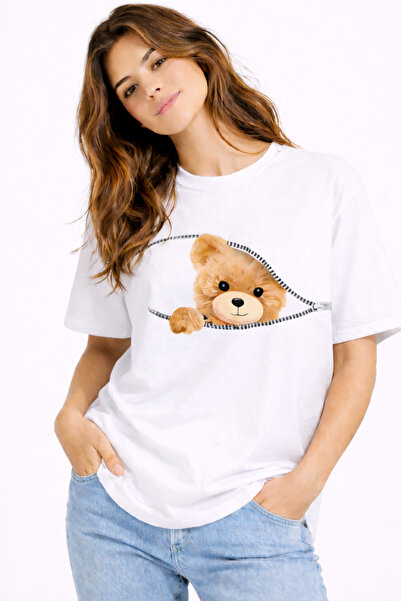 NEVERMIND Zippered Teddy Bear Printed Women's T-Shirt Oversized Cute Teddy Be...