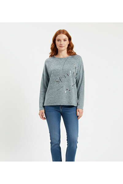 Neden Tekstil Women's Gray Melange Metallic Text Detailed Comfortable Fit Lon...